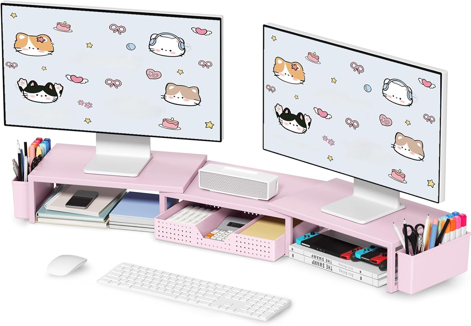 OPNICE Pink Desk Organizers and Accessories for Women, Dual Computer Monitor Stand Riser with Drawer and 2 Pen Holders, Office Desk Accessories, Workspace Desktop Organization for Office Supplies
