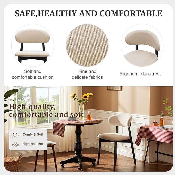 Farmhouse Dining Chairs Set of 4, Mid Century Modern Wooden Dining Room Chairs, Farmhouse Fabric Upholstered Kitchen Dinner Chairs for Living Room Restaurant Cafe, Black/Begie