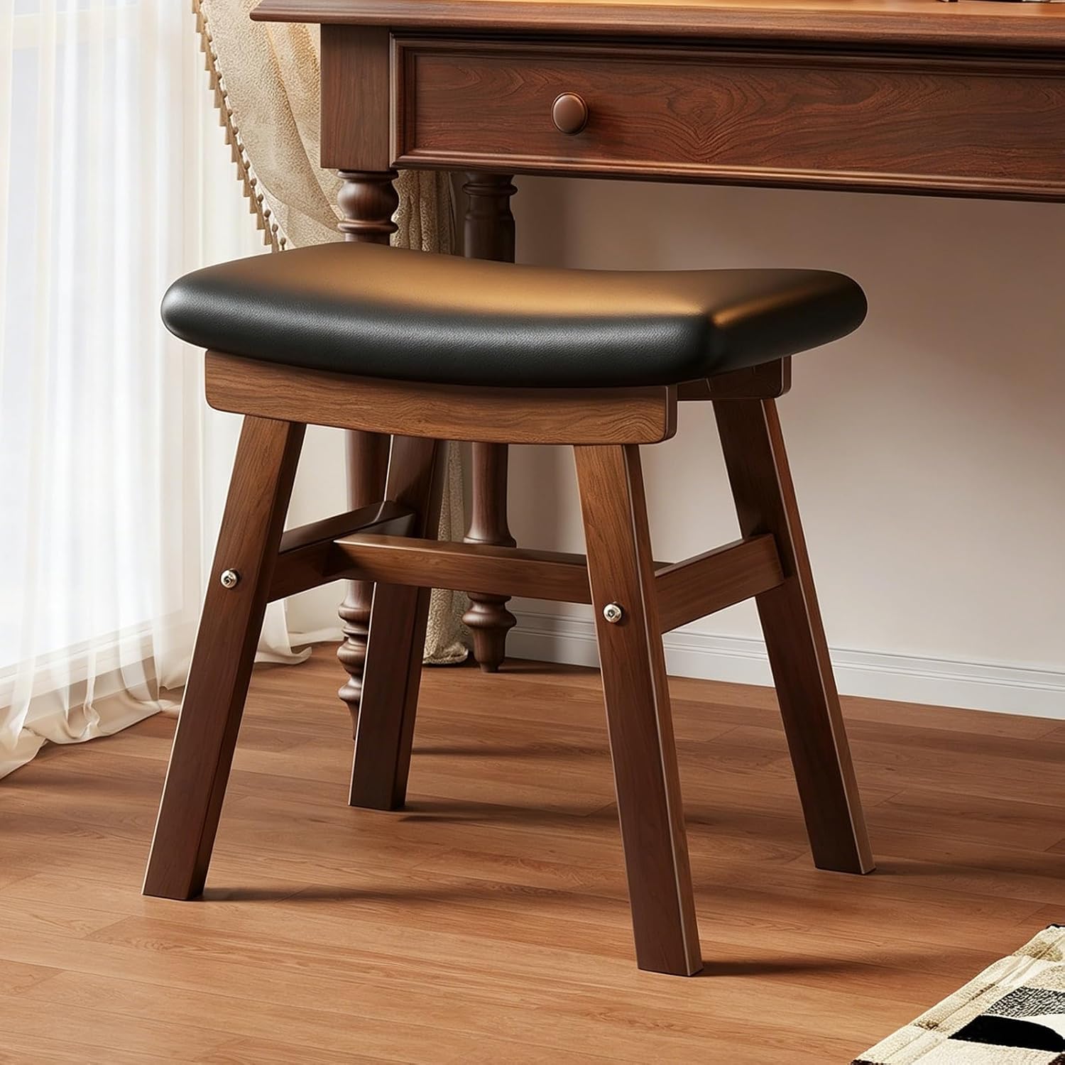 Saddle Seat Counter Stool, Stackable Kitchen Stools, Modern Dining Chair, Work Vanity Chair, Solid Wood, for Small Spaces Home Bedroom Study(Black)