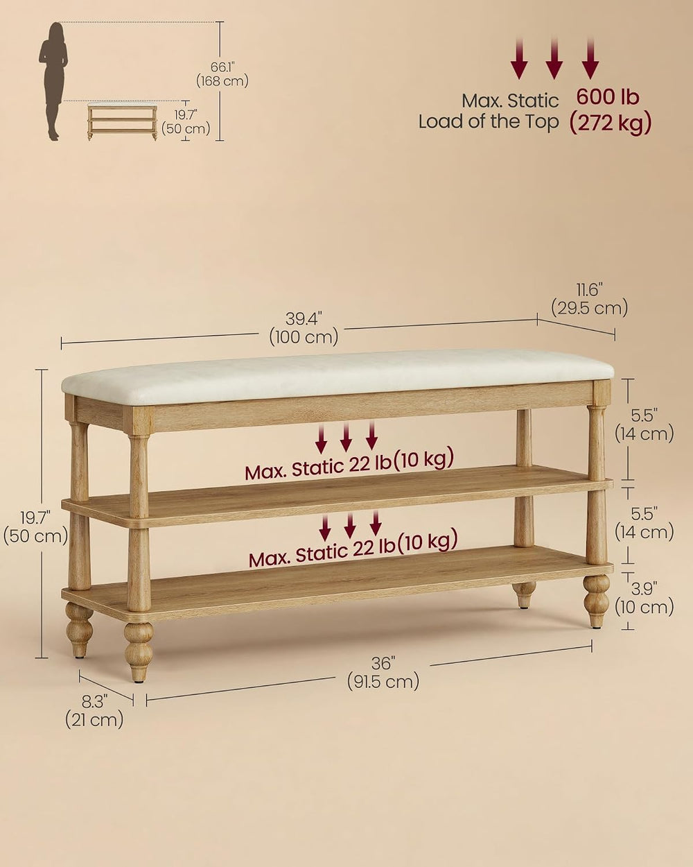 VASAGLE Mariel Collection - Shoe Bench, Wooden Entryway Bench with Padded Sea...