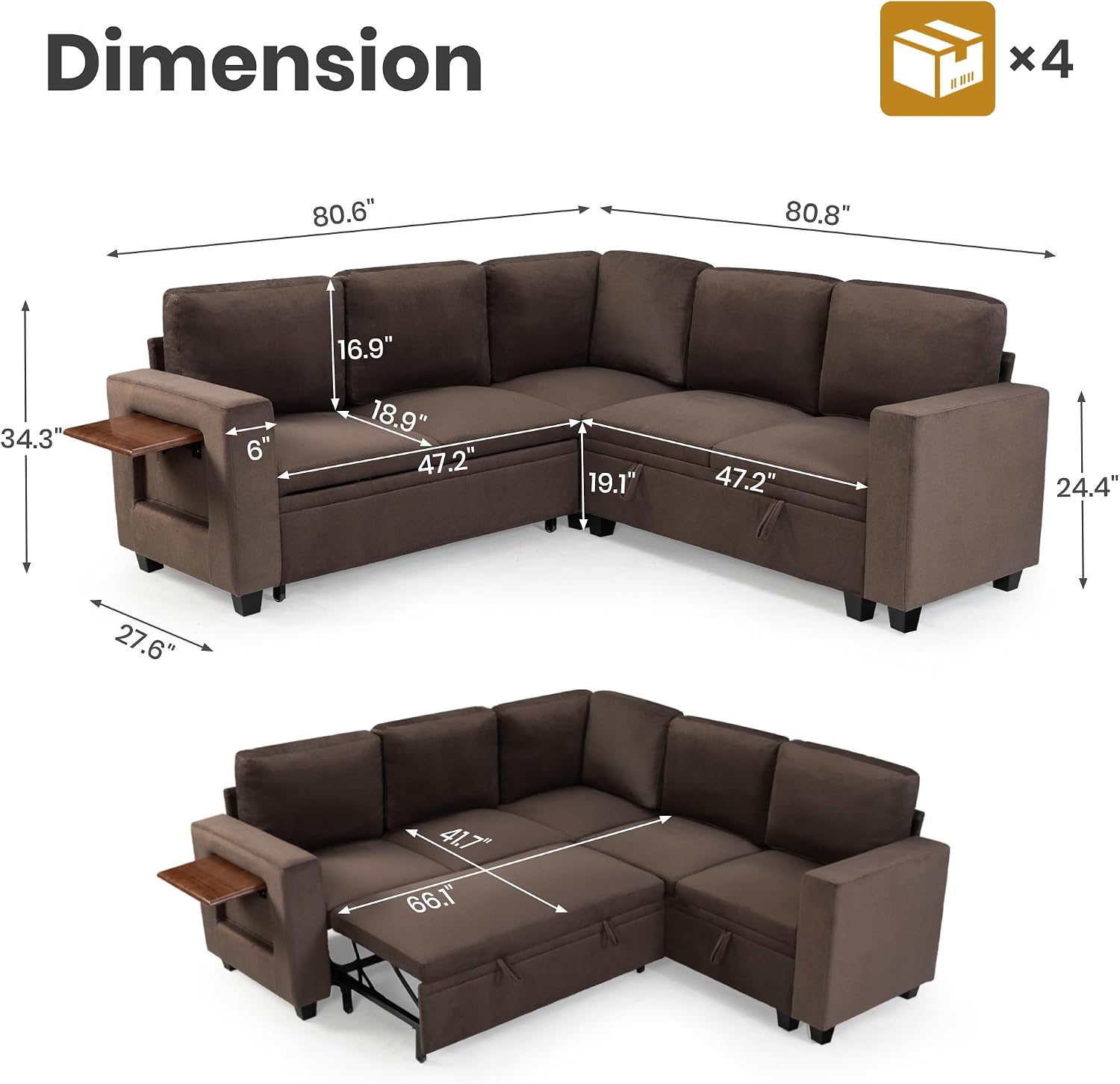 81" Modular Sectional Sleeper Sofa with Pull Out Bed, L Shaped Couch with Storage Chaise & Side Table, Waterproof Pet-Friendly Cat Paw Velvet for Living Room, Tool-Free Assembly(5 Seat Brown)