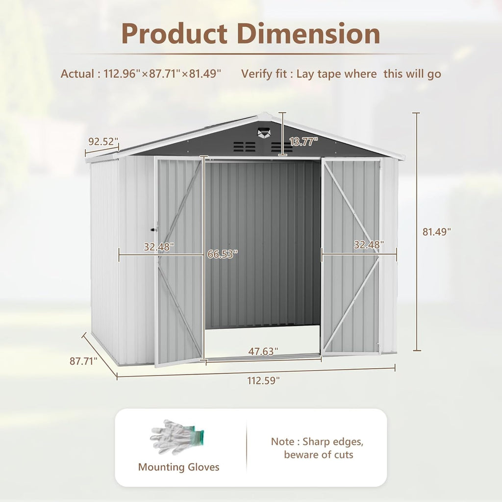 10X8 FT Outdoor Storage Shed, Metal Garden Shed - Tool Storage Sheds with Lockable Doors, Waterproof Outside Storage Building for Backyard, Patio (White; Floor Not Included)