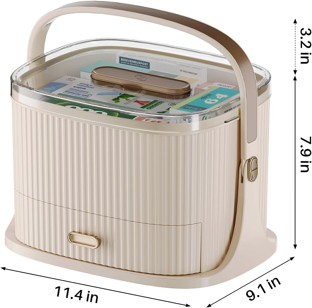 Two-Medicine Organizer, Portable Medicine Cabinet Organizer, Empty First Aid Kit with Drawers for Home, and Portable Travel Pill Organizer.