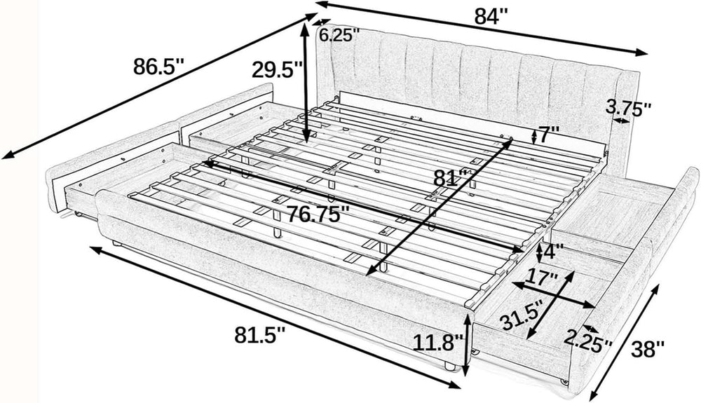 KEIKI Thick Chenille King Bed Frame with 4 Storage Drawer & Upholstered T...