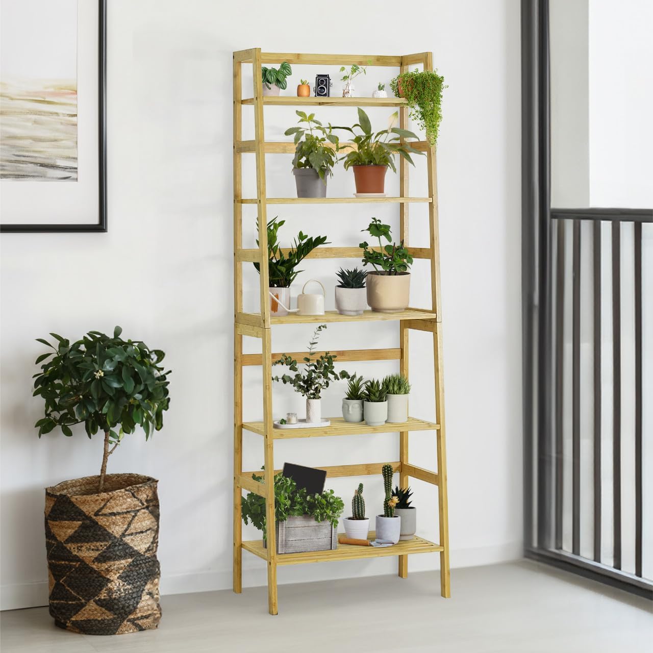 CAPHAUS Bookshelf, 5-Tier Bookcase, Tall Ladder Shelf with Bamboo Frame,Freestanding Storage Shelves Display Rack, for Living Room,Home Office,Bedroom,Kitchen,Plant Stand,Bathroom,Natural