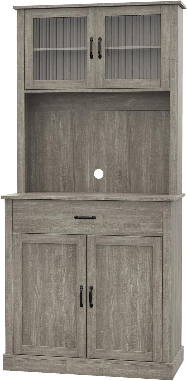 Farmhouse Pantry Cabinet, 71" Tall Kitchen Hutch Cabinets with Storage Drawer, Open Countertop, Glass Doors, Adjustable Shelves, Cable Hole for Dining Room, Living Room, Ash Grey