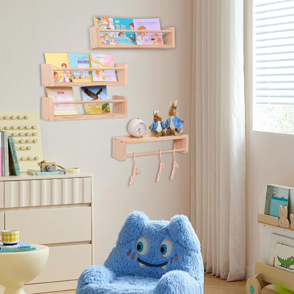 Set of 4 Wall-Mounted Kids Bookshelf - Pine Floating Nursery Book Shelves - Ideal for Nursery Shelf Decor ，Kids Room Toy Storage