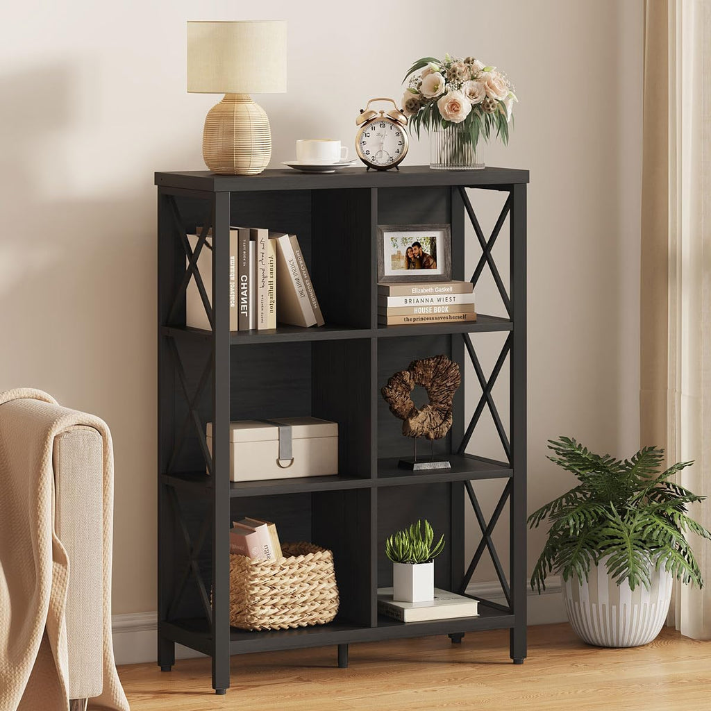 6 Cube Storage Organizer with Storage, 41.54 Inch Hight Modern 4-Tier Bookshelf with X-Shaped Metal Frame, Black Wood Bookcase for Living Room, Home Office, Bedroom, Easy Assembly