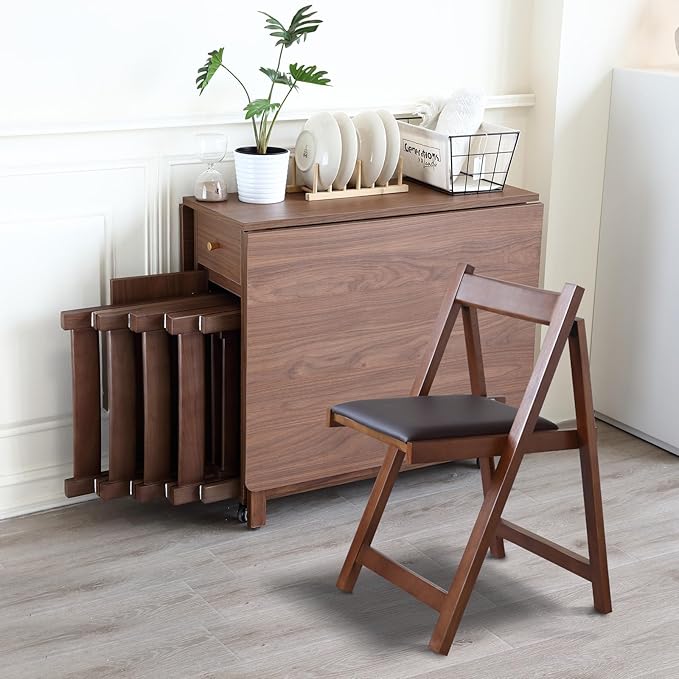 Walnut Drop Leaf Folding Dining Table with 2 Drawers and 4 Wheels, Wooden Padded Chairs Set of 2, Space Saving Dining Table with 4 Chairs