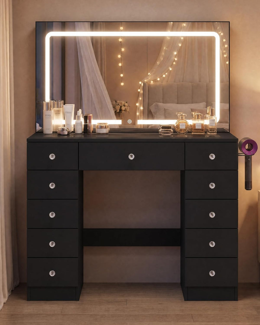 Otterease Black Makeup Vanity with Mirror and Lights,11 Drawers & Glass T...