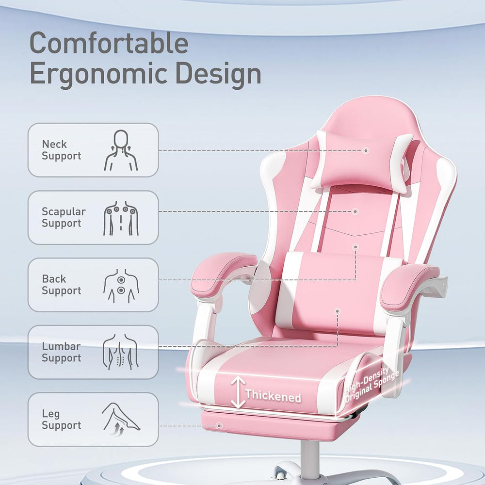 MoNiBloom Gaming Chair, Footrest & Lumbar Support, Height Adjust, Pink | ...