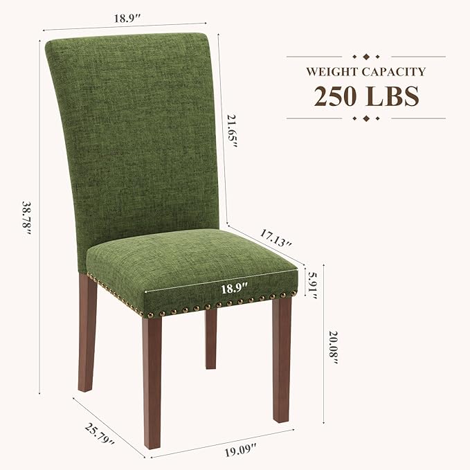 Stylish Dining Chairs Set of 4, Upholstered Parsons Dining Room Chair with Nailhead Trim, Kitchen Room Chair with Thick Cushions and Wood Legs, Nailhead Trim, Green