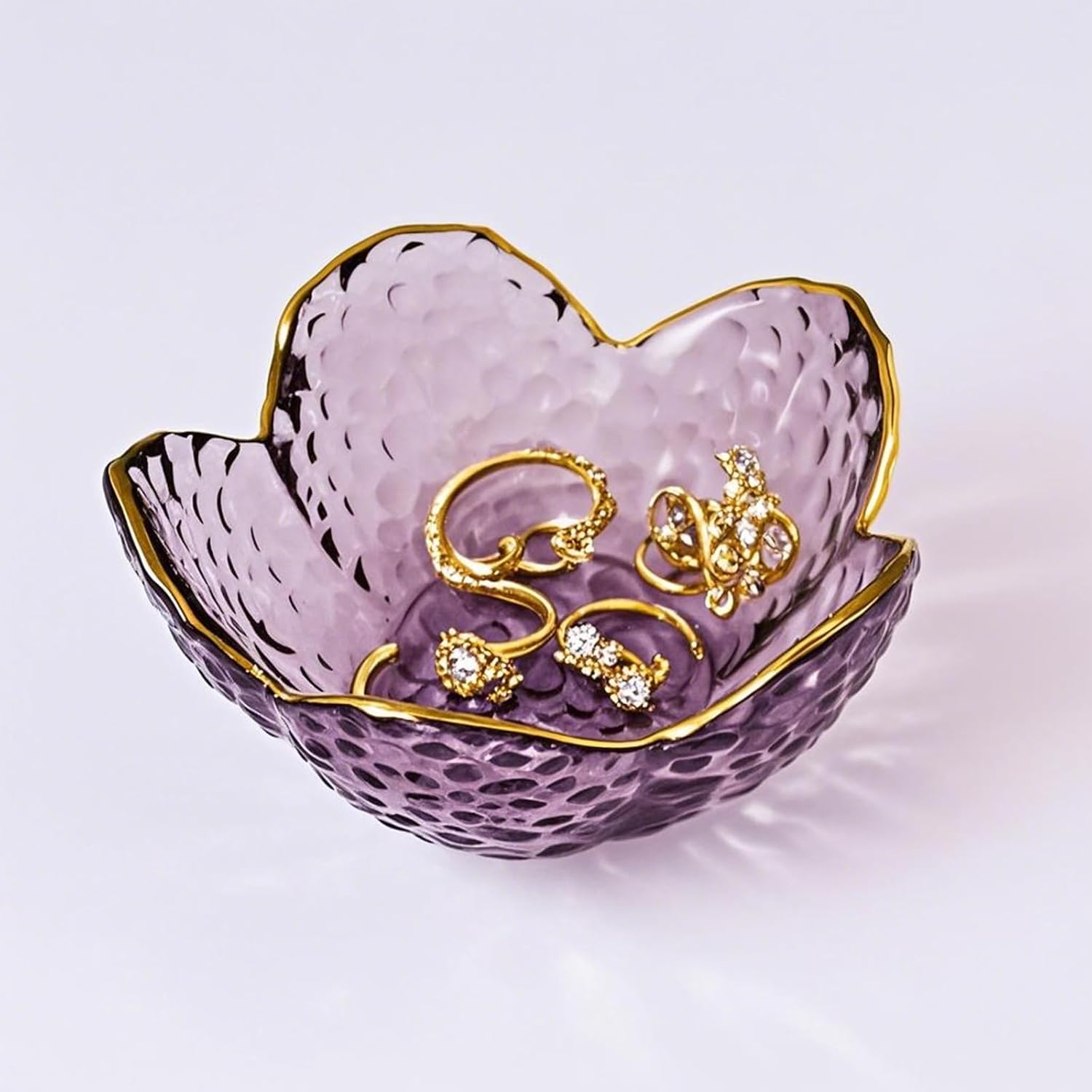 Purple Glass Jewelry Dish Tray, Birthday Gifts for Mom, Crystal Ring Holder for Women, Small Flower Ring Dish Jewlery Plate, Engagement Trinket Jewelry Tray, Nightstand Decor Jewerly Bowl
