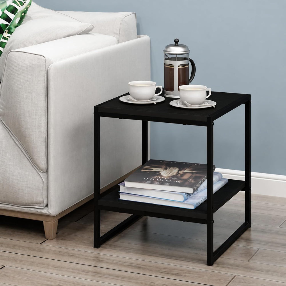 Furinno Camnus Side Table, 2-Tier Black End Table with Metal Frame, Square Ni...