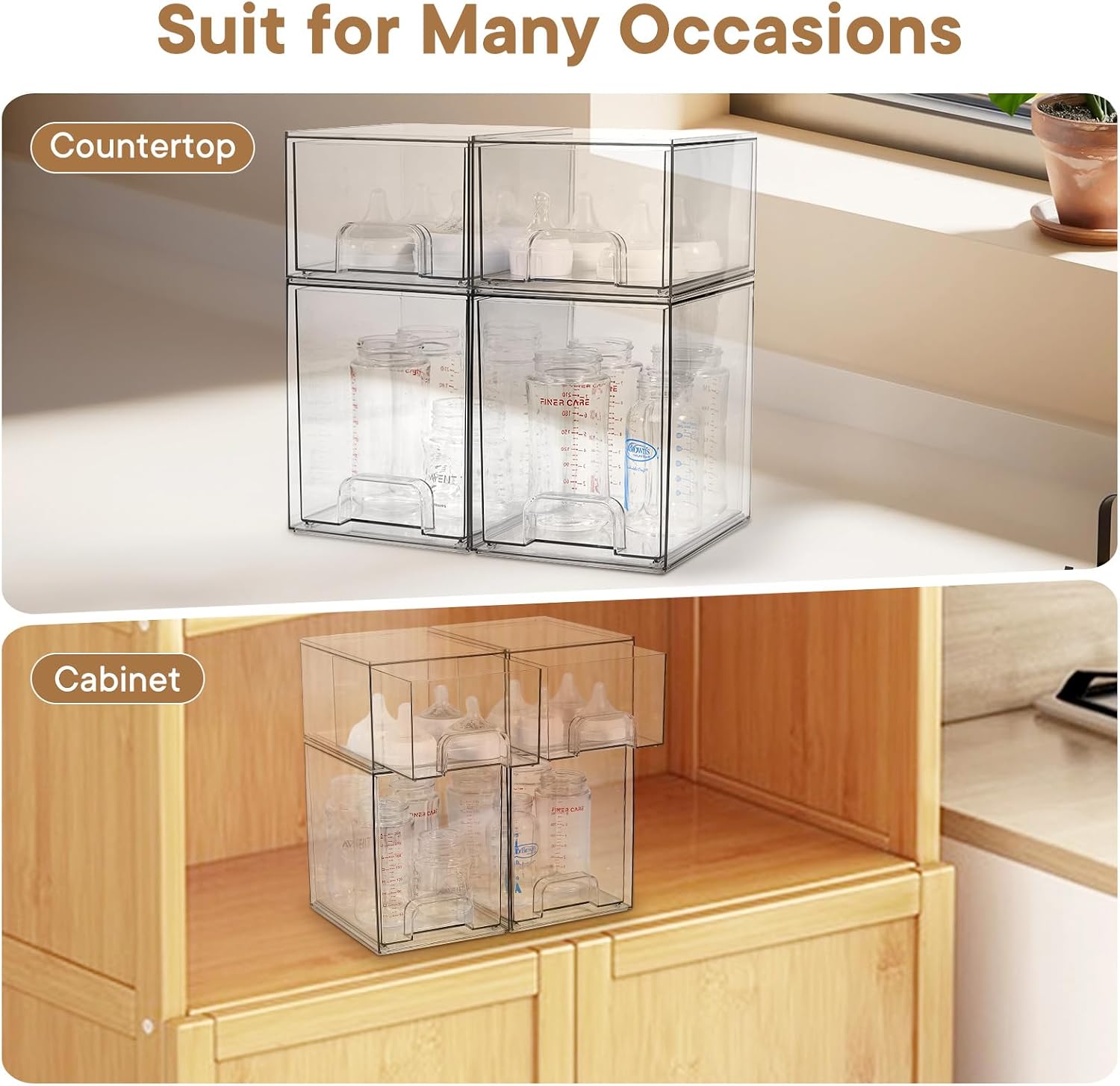 Baby Bottle Organizer, 4 Pack Clear Space-Saving Stackable Drawer with Handle, Baby Bottle Storage Organizer for Countertop and Cabinet