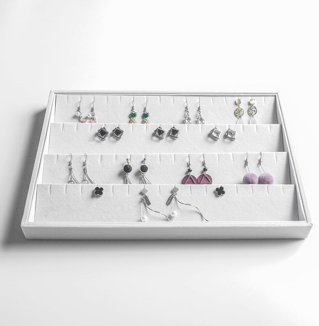 Frebeauty Stackable Velvet Jewelry Organizer Trays for Drawers Inserts Jewelry Storage Tray Display Case, Stud Earrings Bracelets Necklace Rings Accessories Trays for Women(Set of 4)(White)