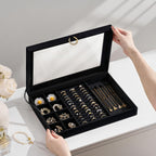 bussdis Glass Lid Jewelry Organizer Box – Black Velvet Jewelry Case with Ring Slots, Necklace Hooks & Removable Compartments for Earrings, Rings & Bracelets