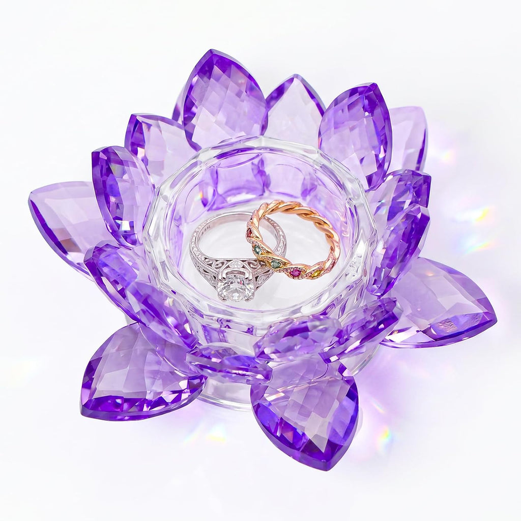 Crystal Flower Jewelry Tray, Luxury Transparent Decorative Trinket Dish for Rings, Earrings, Necklaces, Keys for Vanity Dresser Nightstand, Elegant Gift for Women Mother's Day (1, 4.4"(w) - Purple)