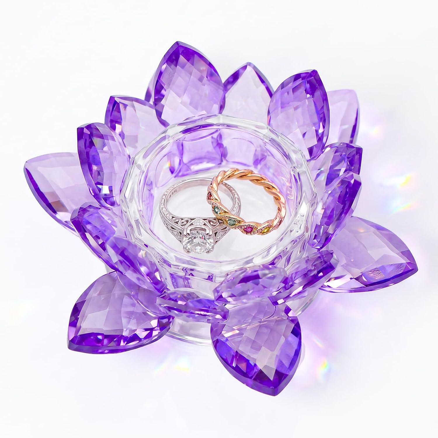 Crystal Flower Jewelry Tray, Luxury Transparent Decorative Trinket Dish for Rings, Earrings, Necklaces, Keys for Vanity Dresser Nightstand, Elegant Gift for Women Mother's Day (1, 4.4"(w) - Purple)