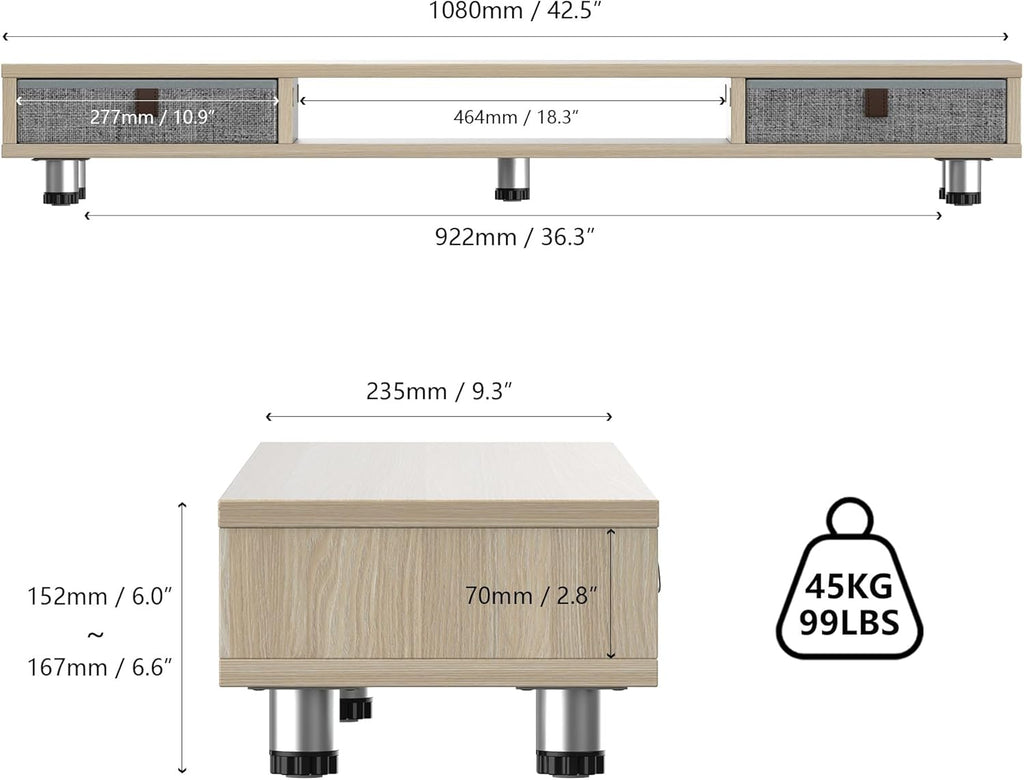 Fenge Monitor Stand, Dual Monitor Stand with 2 Drawers, Monitor Riser for 2 Monitors, Adjustable Height Computer Stand, Office Monitor Stands for Desk, Laptop, PC, TV, Printer