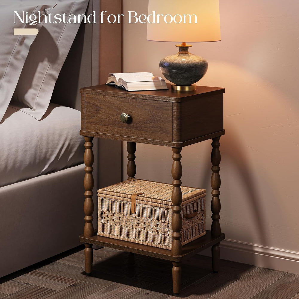 Yoobure Small Side Table with Drawer - Walnut Night Stand with Wood Legs