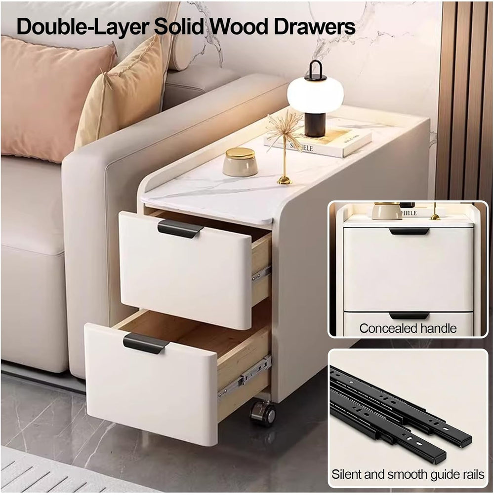 Modern Narrow Side Table with 2 Drawers, Movable Nightstand, Solid Wood Frame...