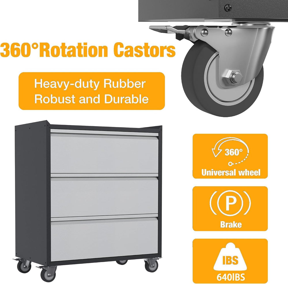 Metal Garage Storage Cabinet with 3 Large Drawers, Rolling Drawer Storage Too...