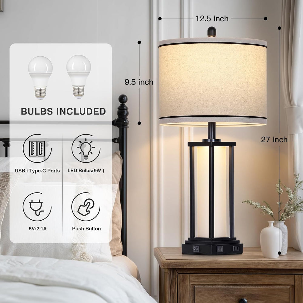 27inch Tall Bedside Table Lamps with Charging Ports for Living Room,Tradition...
