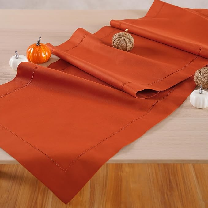 Pumpkin Table Runner 120 Inch–Cotton Linen Hemstitch Farmhouse Table Runner 1...