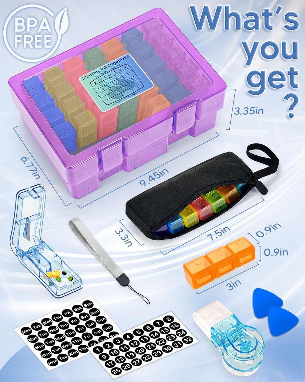 Monthly Pill Organizer 3 Times a Day, FRIWOLE Medicine Box with Portable Weekly Pill Bag, Keychain Pill Case, Pill Cutter and 2 Sticker (Purple, 3 Times a Day)