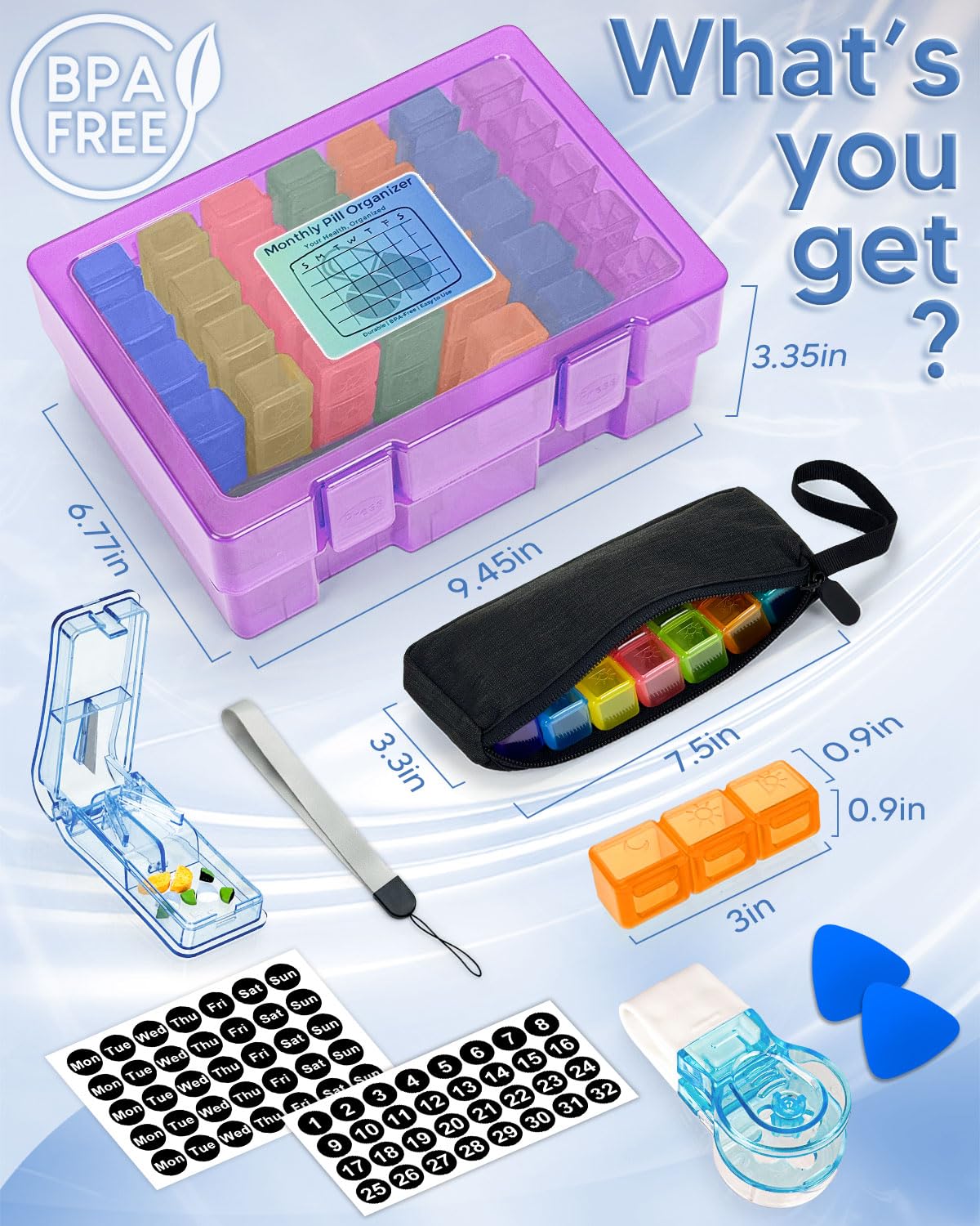Monthly Pill Organizer 3 Times a Day, FRIWOLE Medicine Box with Portable Weekly Pill Bag, Keychain Pill Case, Pill Cutter and 2 Sticker (Purple, 3 Times a Day)