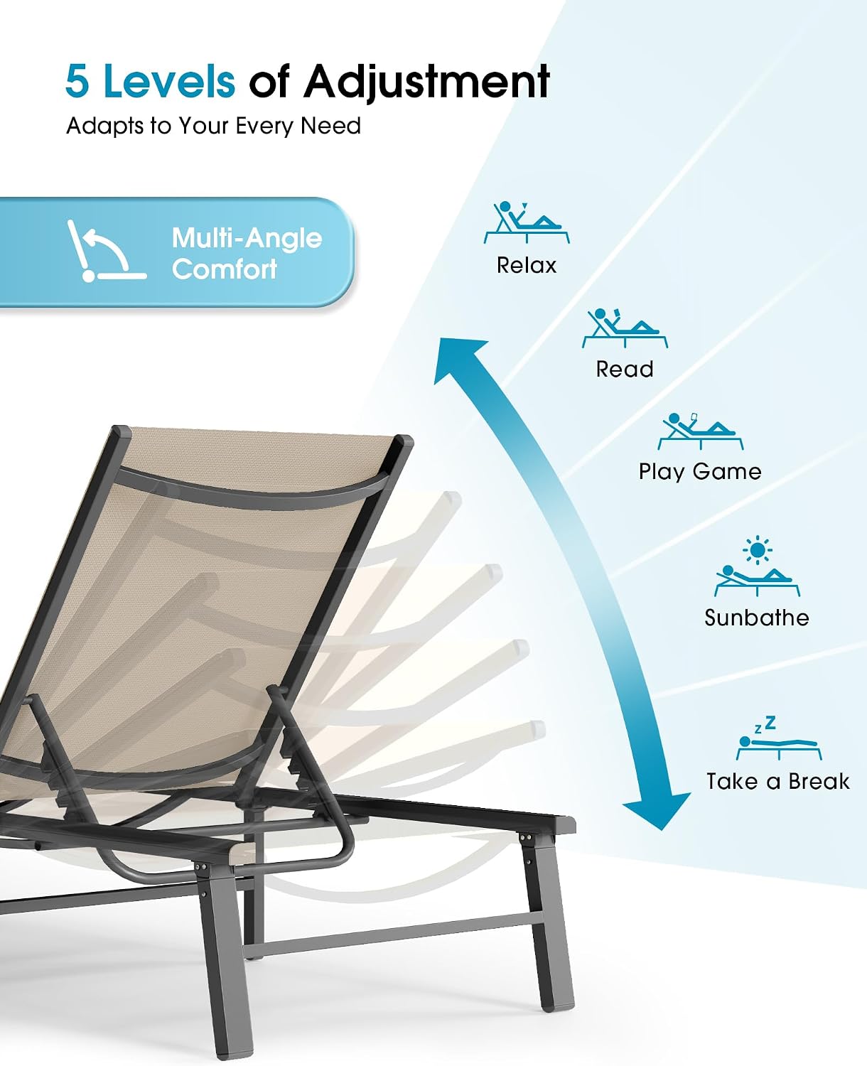 Foldable Outdoor Lounge Chair, No Assembly Patio Chaise Lounge Outdoor with 5-Positions, Aluminum Pool Lounge Chair with Portable Design for Pool, Beach, Deck, Backyard, Khaki