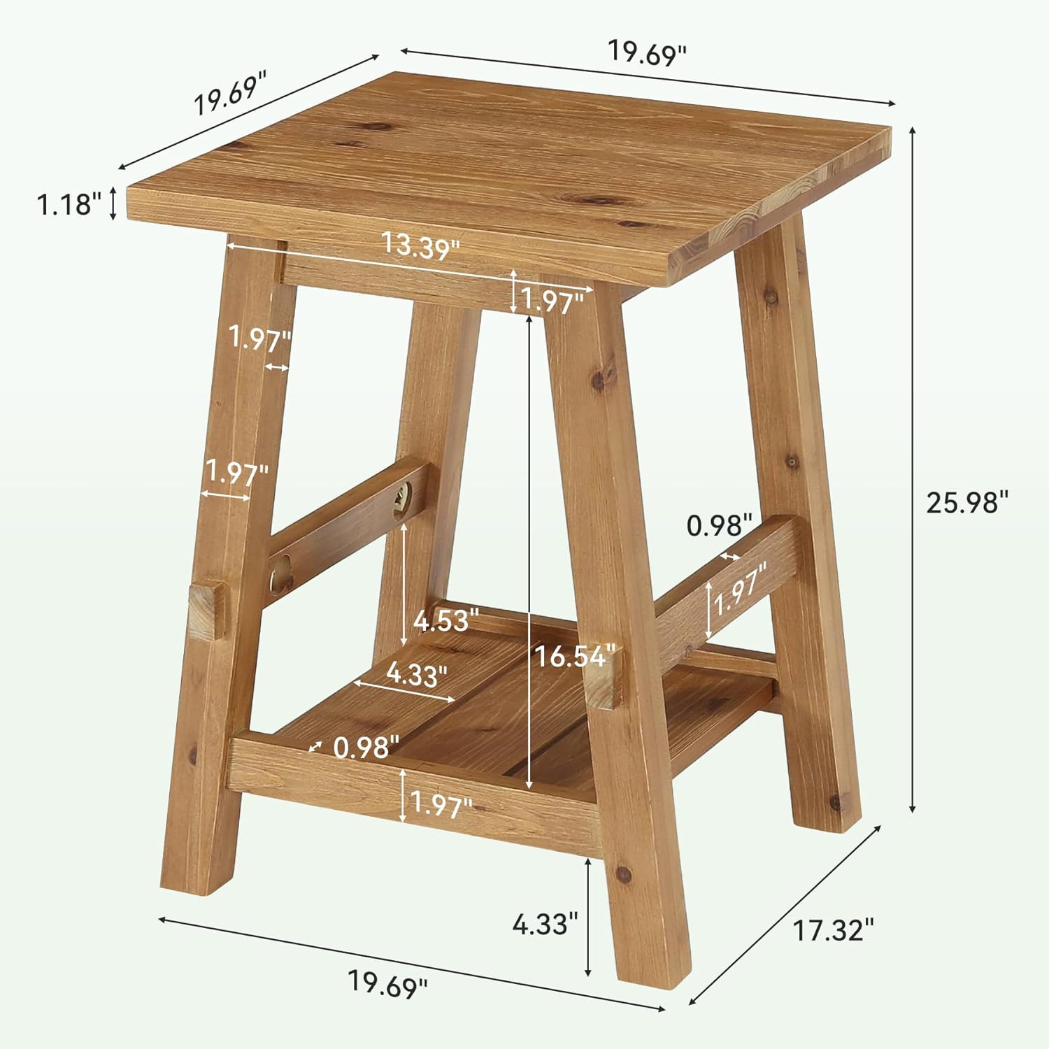 Solid Wood Square Side Table, 2 -Tier Farmhouse End Table, Nightstands with Shelf Storage for Living Room, Bedroom, Office and Small Spaces, Rustic Brown