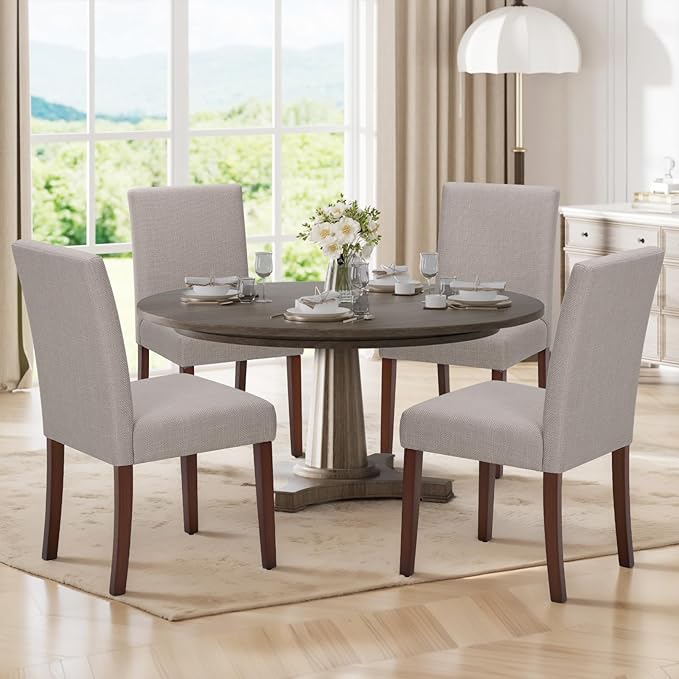 Upholstered Dining Chairs Set of 4, Modern Fabric Dining Room Chair, Wooden Dining Chair, Kitchen Side Chairs, Farmhouse Dinner Chair with High Back for Kitchen, Brown