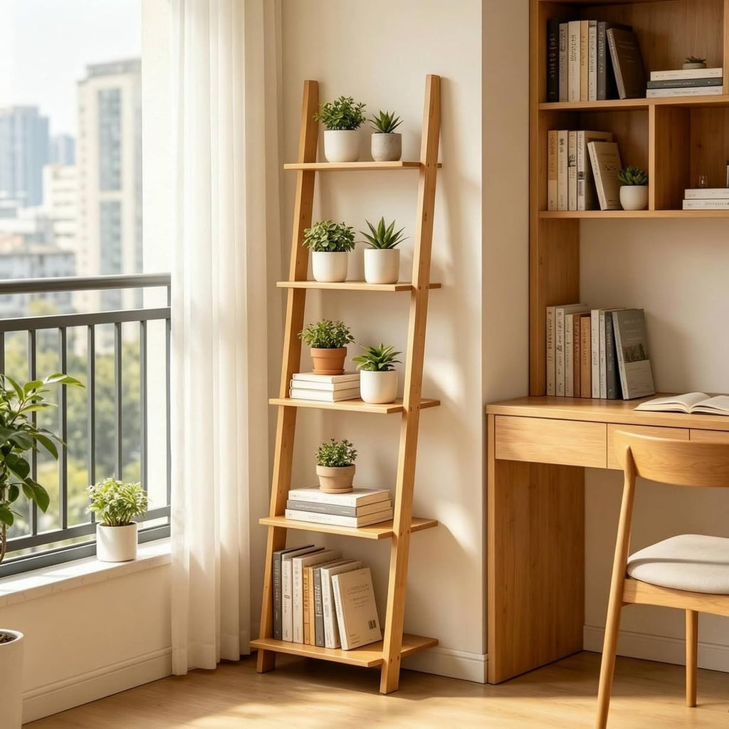 Multi Layer Storage Shelf Ladder Bookcase Stand with Bamboo Texture and Secure Wall Support Suitable for Cozy Living Compact Room Organization airy Interior Styling