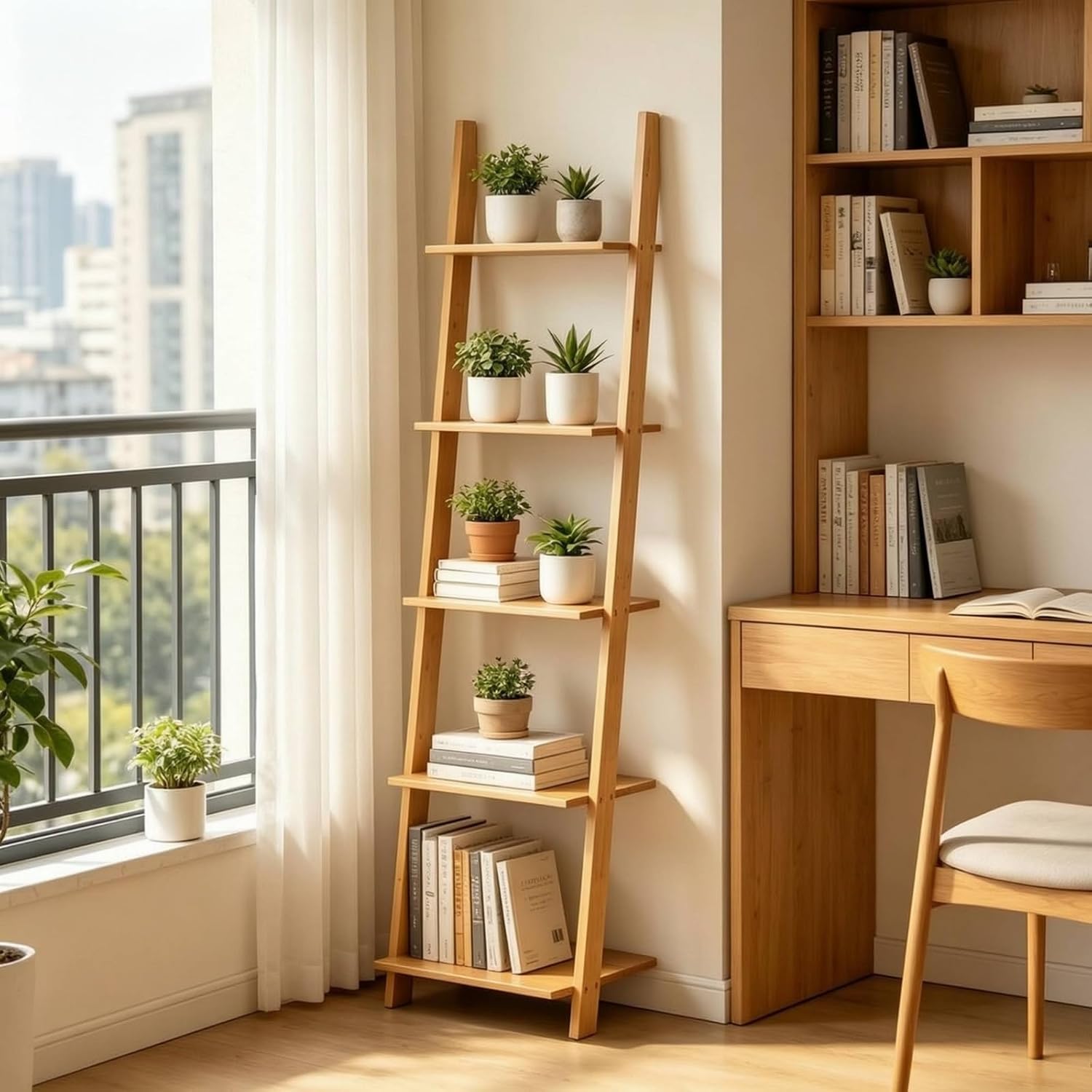 Multi Layer Storage Shelf Ladder Bookcase Stand with Bamboo Texture and Secure Wall Support Suitable for Cozy Living Compact Room Organization airy Interior Styling