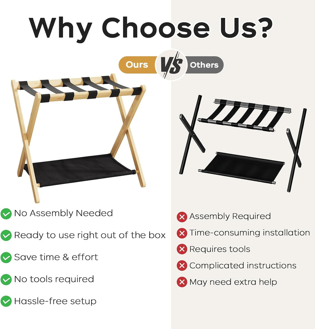 26.77" Full Assembled Luggage Rack for Guest Room, Set of 2 Bamboo Foldable Suitcase Stand, Bedroom & Hotel, Folding Luggage Holder with 5 Nylon Straps, 600D Oxford Fabric Shelf Natural Wood