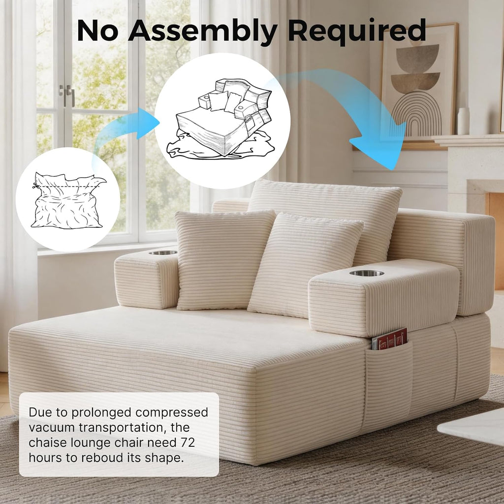 70"Chaise Lounge Chair, Oversized Boneless Chair & 2 Cup Holder 4 Pockets | Oversized Corduroy Lounge Chair Indoor Convertible, 3 Pillows, Deep Seat Sleeper Sofa Bed, Living Room, Reading, No Assembly