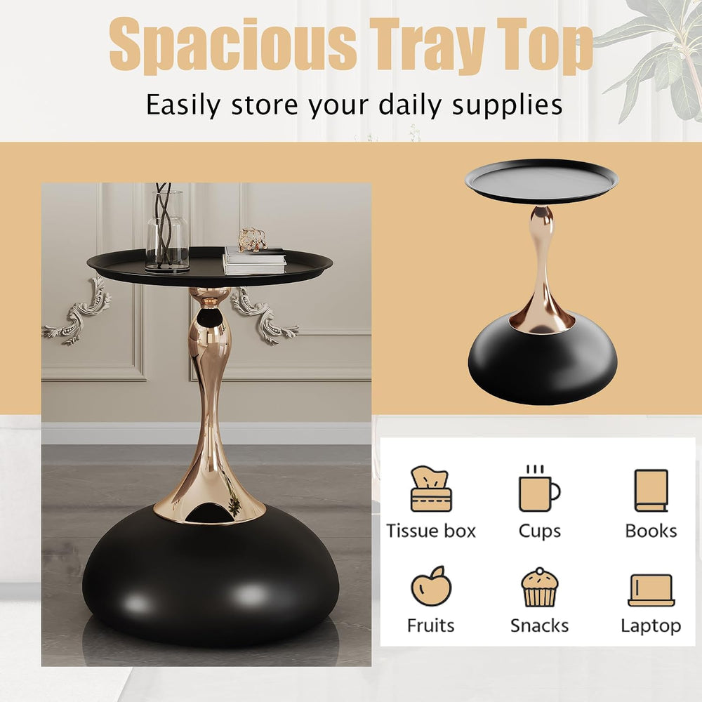 Round Side Table, Small Black End Table with Metal Pedestal, Modern Martini T...