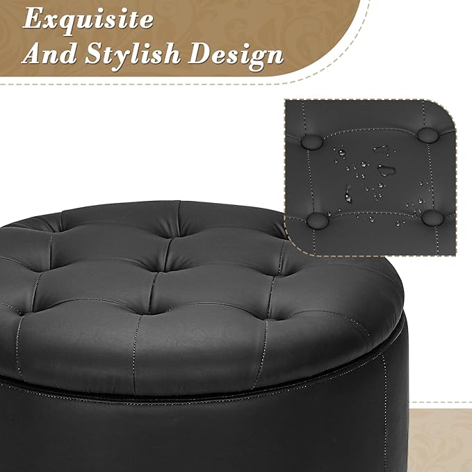 Athena Collection 24.5 Inch Small Ottoman with Storage, Round PU Leather Storage Ottoman Foot Rest with Removable Lid, Multipurpose Footstool Footrest for Livingroom, Bedroom, Dorm, Black