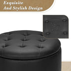 Athena Collection 24.5 Inch Small Ottoman with Storage, Round PU Leather Storage Ottoman Foot Rest with Removable Lid, Multipurpose Footstool Footrest for Livingroom, Bedroom, Dorm, Black