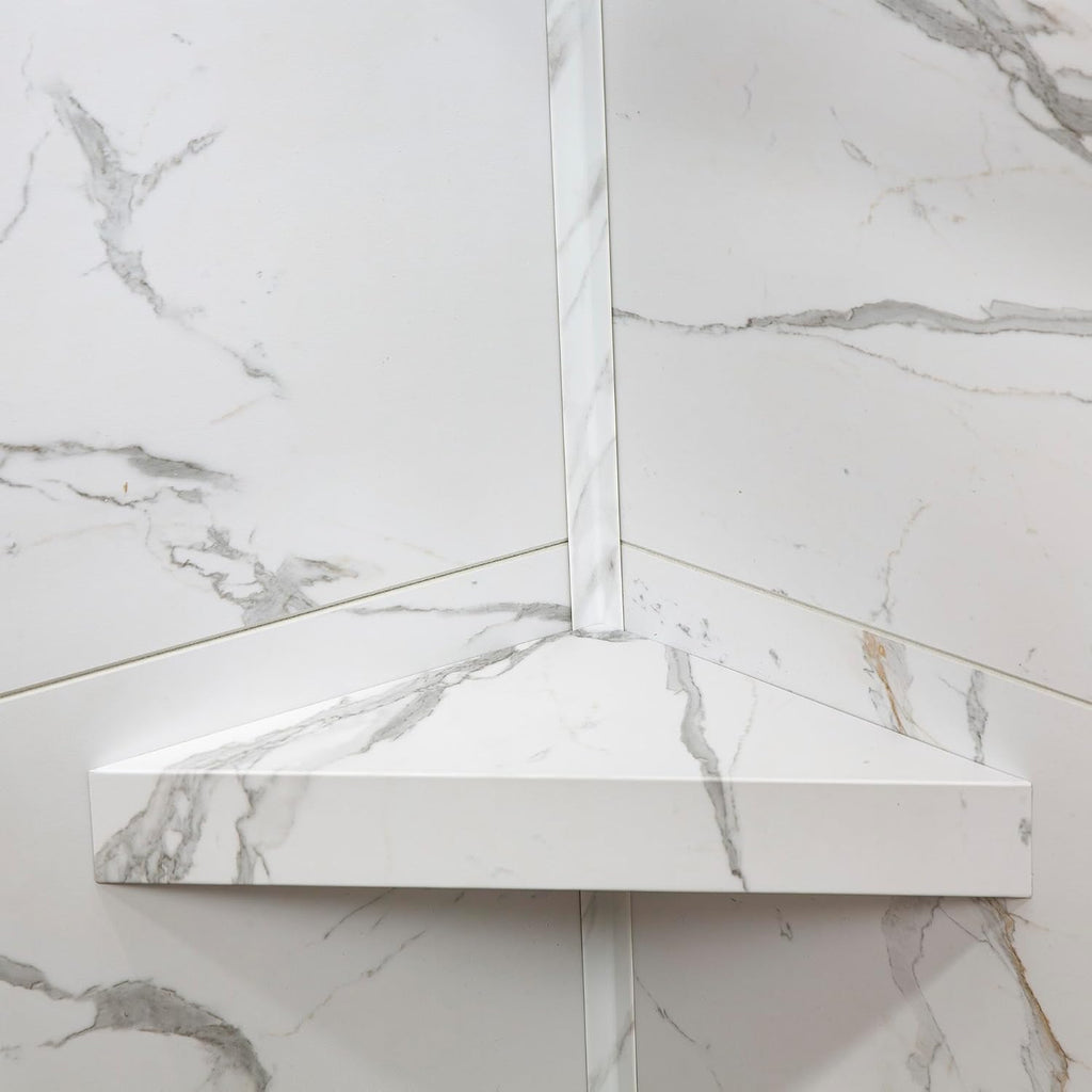 Palisade Vinyl Waterproof Corner Shower Shelf in Carrara Marble/Urban Glacier