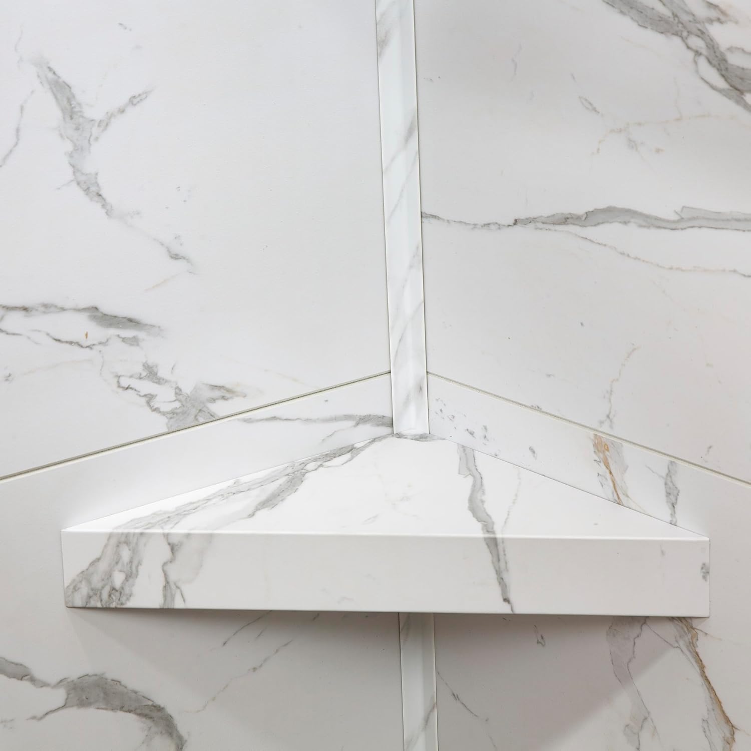 Palisade Vinyl Waterproof Corner Shower Shelf in Carrara Marble/Urban Glacier