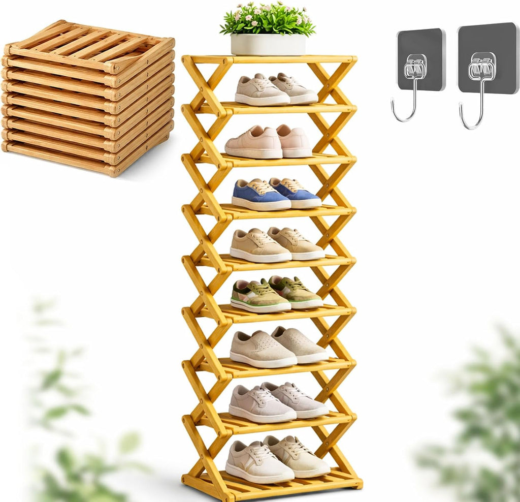 The 9-Tier No-Assembly Bamboo Rack, 2026 Upgraded Foldable Shoe Organizer , Tall Narrow Corner Shoe Shelf / Storage Stand for Entryway Closet Dorm, 2-9 Tiers, Natural or Tea Color (Nature,9Layer)