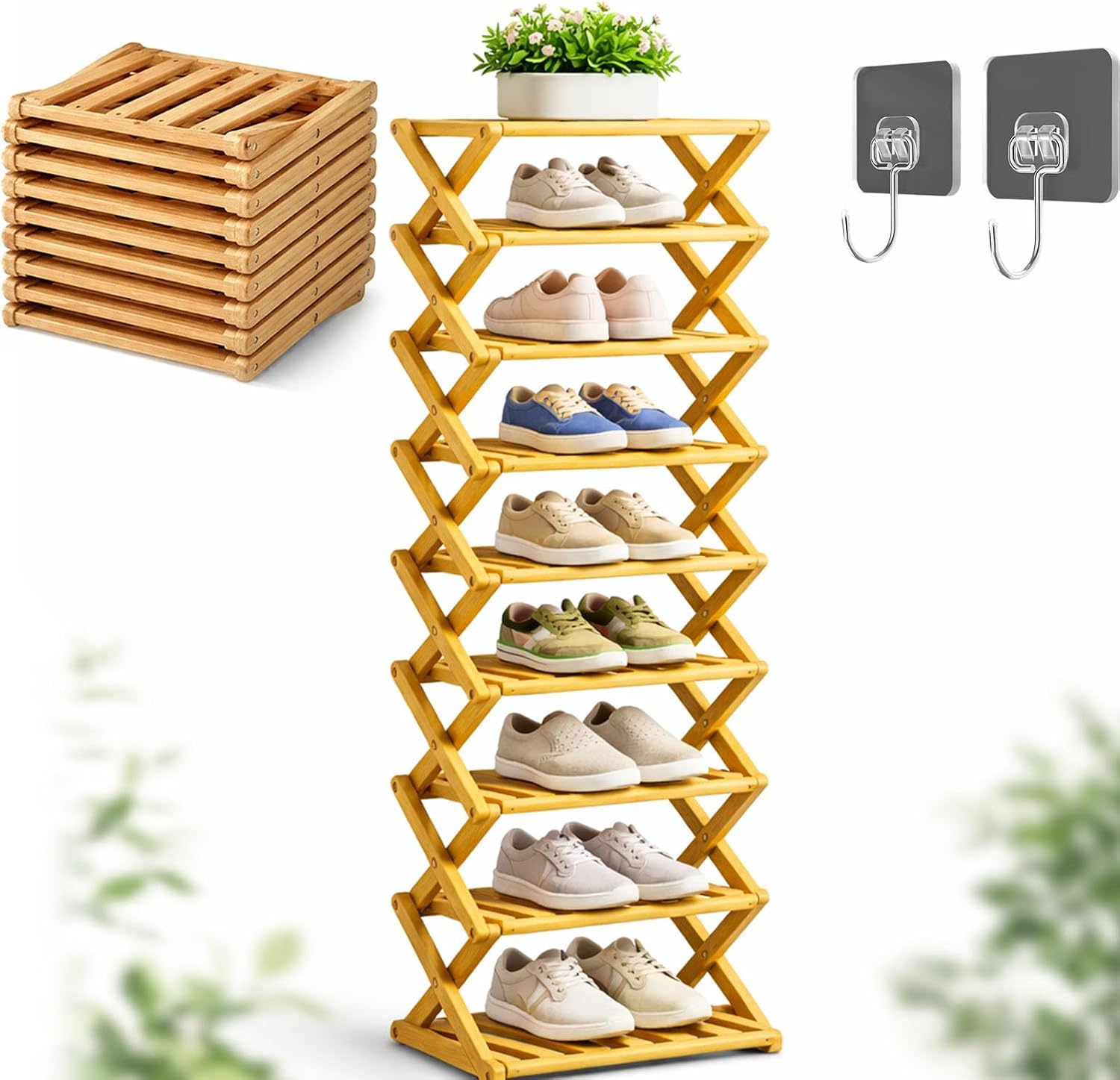 The 9-Tier No-Assembly Bamboo Rack, 2026 Upgraded Foldable Shoe Organizer , Tall Narrow Corner Shoe Shelf / Storage Stand for Entryway Closet Dorm, 2-9 Tiers, Natural or Tea Color (Nature,9Layer)