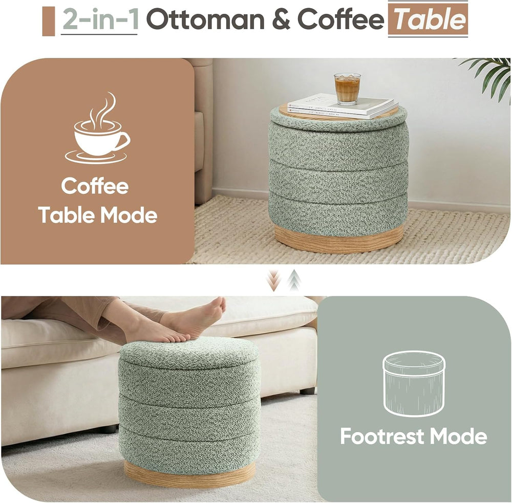 Round Storage Ottoman with Reversible Tray Lid, Folding Chenille Fabric Footr...