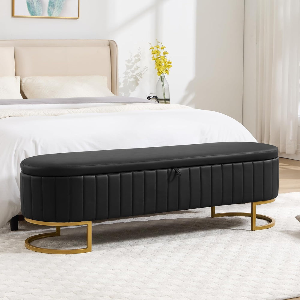 Storage Ottoman Bench, 63" Faux Leather End of Bed Bench Bedroom Bench K...