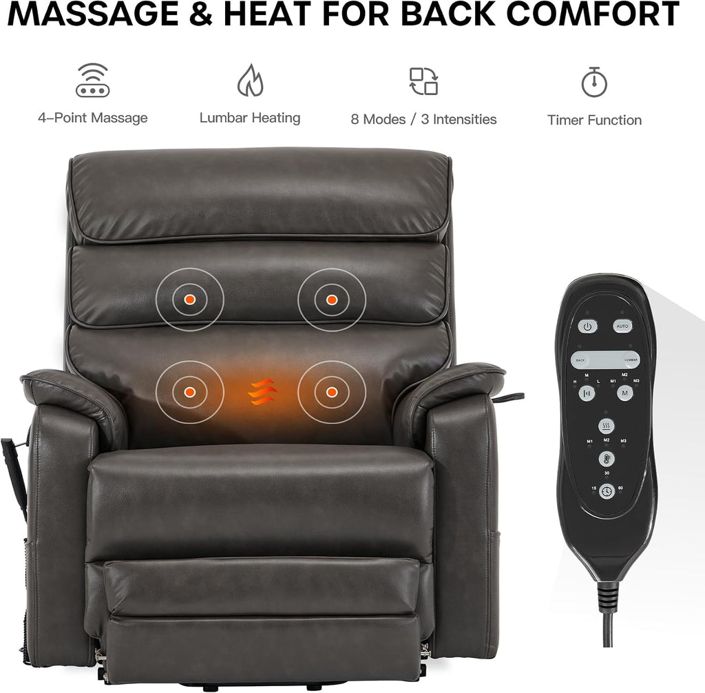 DYNOX 400 lbs Big and Tall Seniors Extended Footrest Power Lift Recliner Chair, Dual Motor, Extra-Wide Seat, Lay Flat, Heat & Massage, USB-C, Faux Leather Grey, 9298L