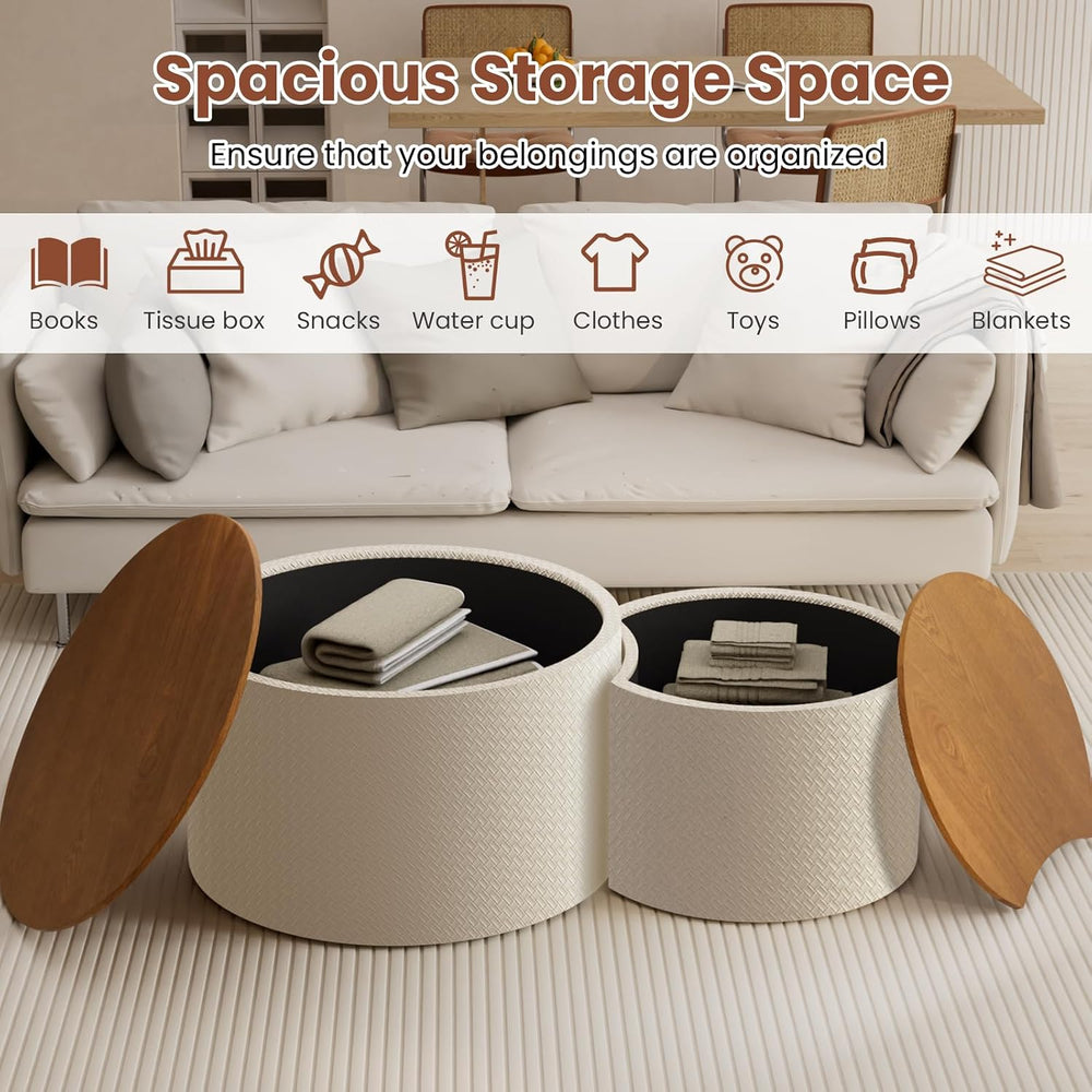 Round Nesting Coffee Table Set of 2 with Storage for Living Room (White) | Mo...