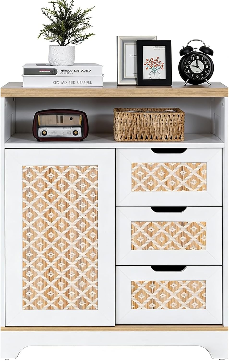 Sideboard Buffet Cabinet with Storage, Rattan Door and 3 Drawers, White | Sli...